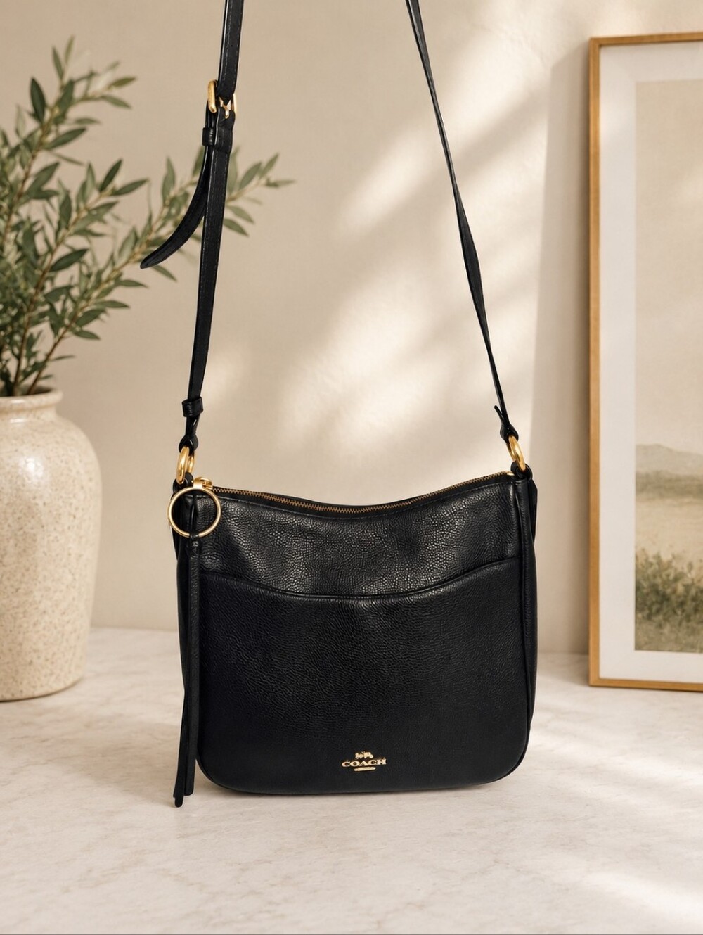 Coach Chaise Black Polished Pebble Leather Crossbody Bag Gold Hardware